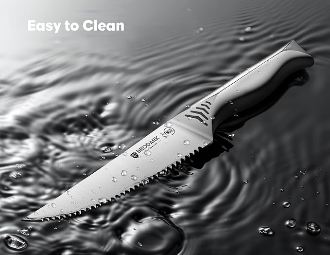 BRODARK Steak Knives Set of 8: 4.5 Inch Serrated Steak Knives - High Carbon Stainless Steel Kitchen Steak Knife Set - Never Need Sharpening - NSF Certified, Shark Series