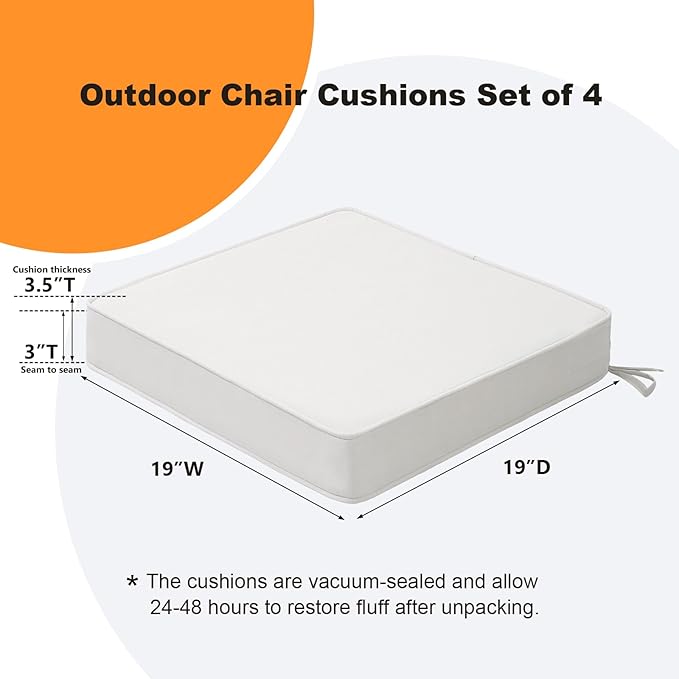 Square Corner Seat Cushions, 19" x 19" x 3", Set of 4, Indoor Outdoor Water Repellent Universal Chair Pads with Ties for Patio Furniture, Garden Deck Dining Chairs, Linen