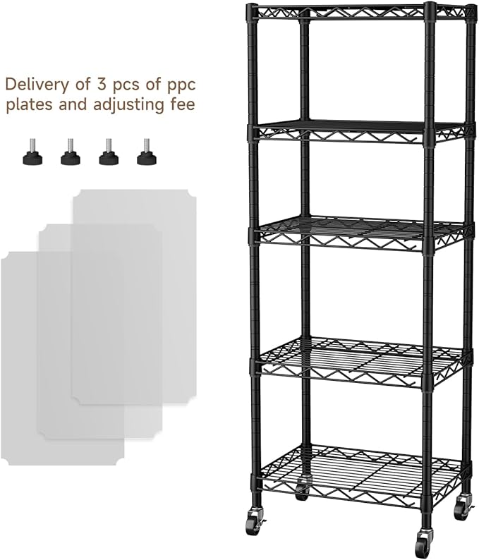 Small 5 Tier Shelves Storage Wire Shelving Unit Metal Shelf Adjustable Organizers Storage Shelving with Wheels for Bathroom Laundry Room Kitchen Pantry12”D x 18”W x 57.2”H Black