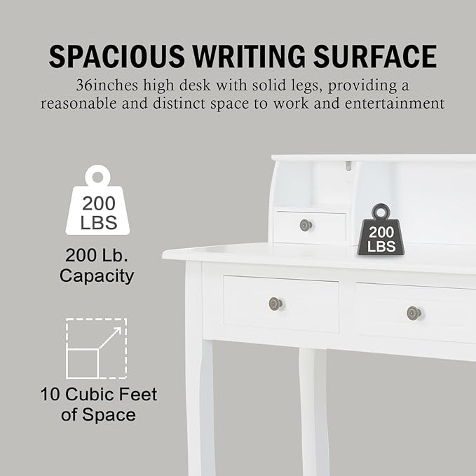 Kids Study Desk, 32" Small Wooden Writing Desk with 4 Drawers for Home Office, 6-16 Years Girls Boys Study Table with Hutch for Bedroom Study Room, Compact Computer Desk, Vanity Makeup Table, White