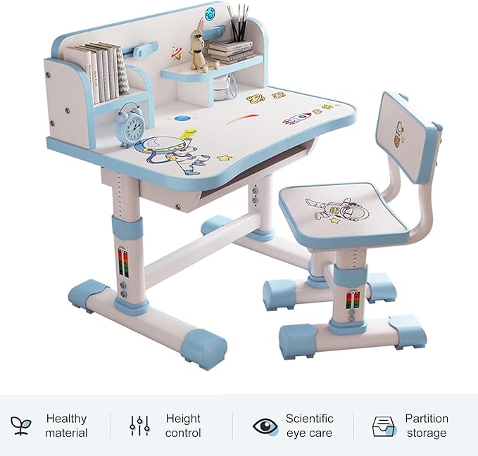 Kids Functional Desk and Chair Set, Height Adjustable Children School Study Table Chair Set with Cartoon Pattern, Ergonomic Desk Chair with Large Writing Board, Bookshelf and Book Bucket Blue