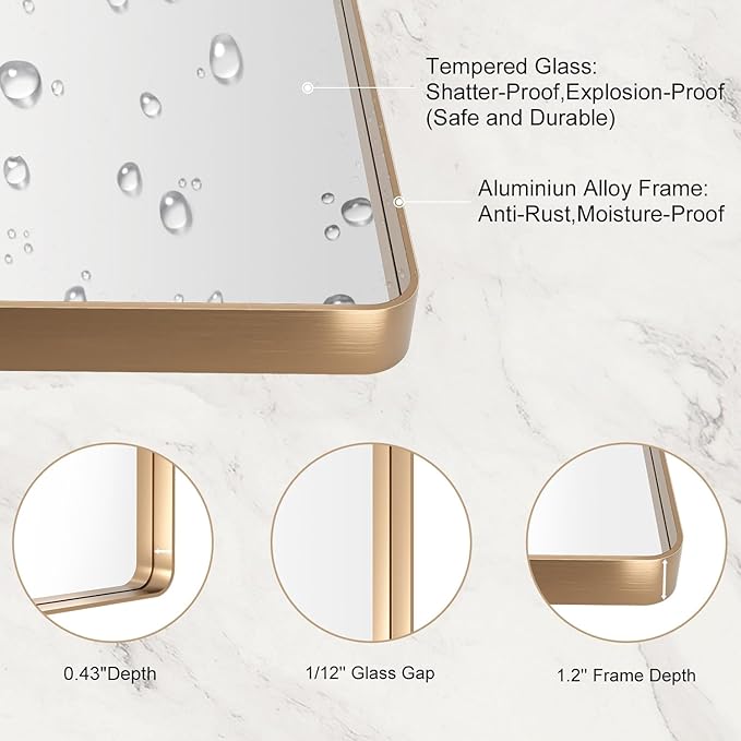 LOAAO 28”X36” Gold Bathroom Mirror, Rounded Rectangle Gold Frame Mirror, Brushed Gold Bathroom Vanity Mirror Wall-Mounted, Anti-Rust, Hangs Horizontally or Vertically