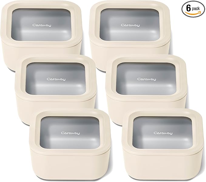 Caraway 6pc Glass Food Storage Set – 4.4 Cup Food Containers (6) - Ceramic Coated - Non Toxic, Non Stick with Lids - Microwave Safe - Cream
