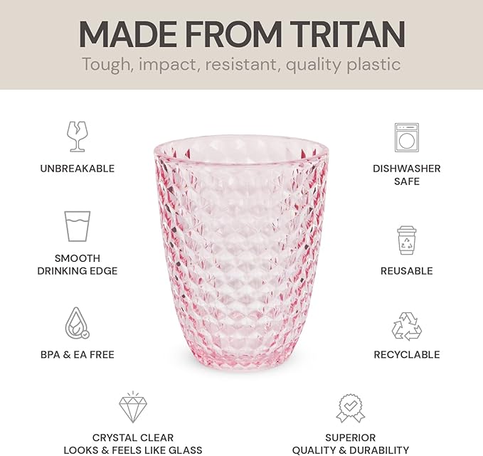 BELLAFORTE Shatterproof Tritan Plastic Short Tumbler, Set of 4, 12 oz - Laguna Beach Drinking Glasses - Unbreakable Glasses for Indoor and Outdoor Use - BPA Free - Pink