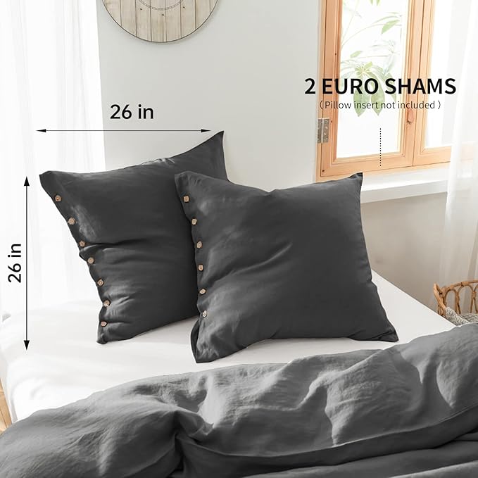Simple&Opulence 100% Washed Linen Euro Sham Cover, 26 x 26 Inch, Decorative Bed Pillow Cover with Coconut Button, Solid Color Pillow Shams Set of 2 (Charcoal Grey)