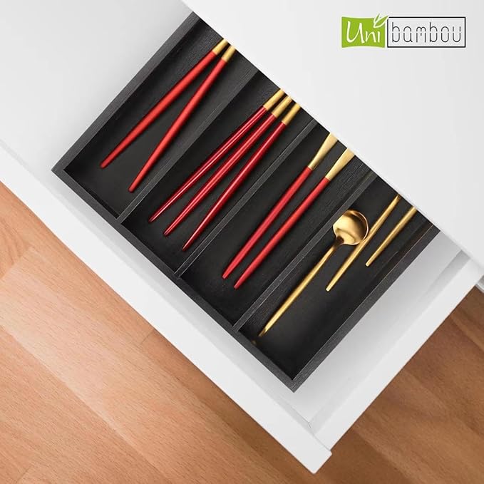 Bamboo Kitchen Drawer Organizer - silverware organizer - Cutlery Tray - Utensil Tray - drawer dividers and Utensil Holder with Wood Silverware Holder for Flatware Cutlery (5 Slots, Black)