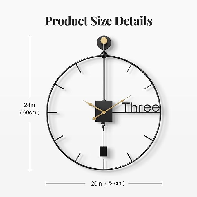 Modern Large Wall Clock 24 inch with Pendulum, Battery Operated Silent Non-Ticking Metal Wall Clock for Living Room Decor, Decorative Hanging Clock for Bedroom, Office, Kitchen, Home