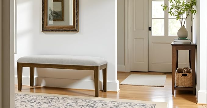 HUIMO Upholstered Entryway Bench for Bedroom for End of Bed, Dining Bench with Padded Seat for Kitchen, Living Room, Fabric Solid Wood (Beige)
