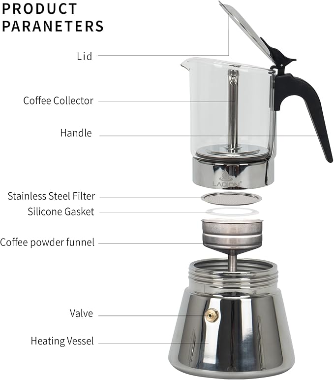 Stovetop Espresso Maker, 6Cup 240ml Classic Moka Pot, Crystal Glass-top & Stainless Steel Coffee Maker Mocha Pot, Greca De Cafe, Cuban and Italian Coffee Maker for Cafetera Cubana