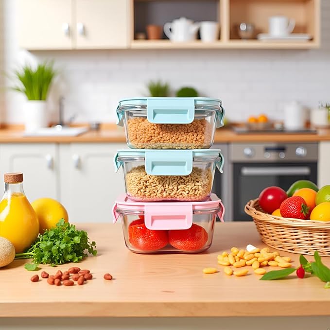 8PC Square Glass Containers With Lids, Glass Square Meal Prep Containers Set, 2 Cup Clear Small Food Containers For Soup Snack fruit, Microwave, Dishwasher, Freezer Safe - (4 color)