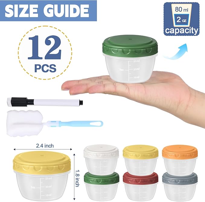 12pcs 2 oz Salad Dressing Container, Reusable Condiment Containers Sauce Cups with Leak-proof Lids, Small Plastic Food Storage Dip Containers for Lunches, Freezer, Microwave & Dishwasher Safe