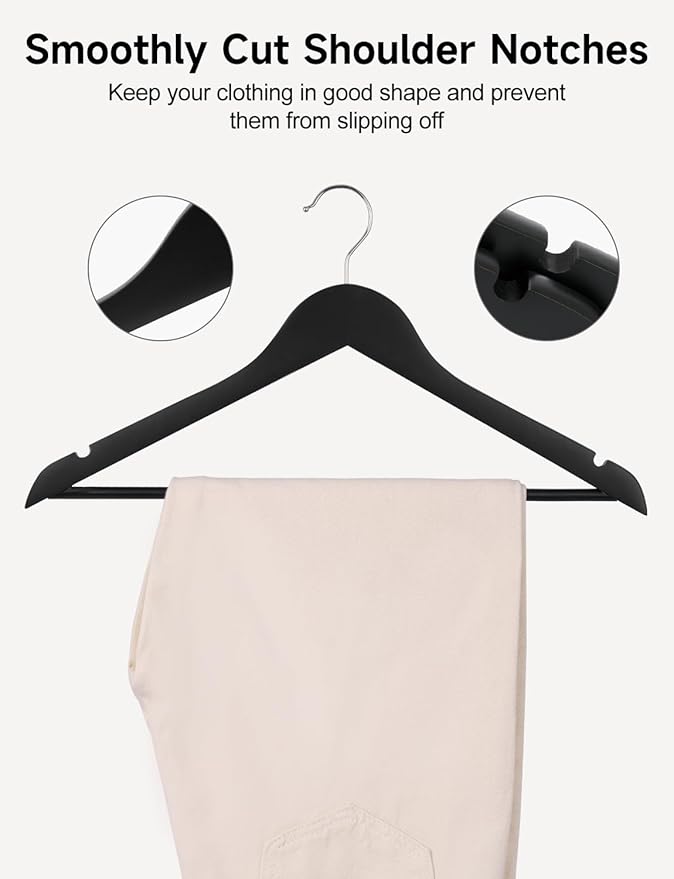 StorageWorks Black Wooden Hangers, 30 Pack Wood Hanger for Closet, Coat Hangers for Coats, Shirts, Pants, Suits