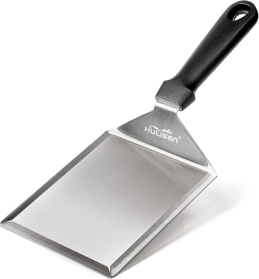HULISEN Stainless Steel Large Grill Spatula - 6 x 5 Inch Heavy-Duty Metal Spatula with Cutting Edges, Kitchen Griddle Accessories, Smashed Burger Turner Scraper for BBQ Grill and Flat Top Griddle