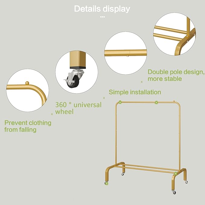 JIUYOTREE Metal Clothing Rack with Wheels 43.3 Inches Rolling Clothes Garment Coat Rack with Bottom Shelf Clothing Rack for Hanging Clothes Coats Skirts Shirts Sweaters Gold