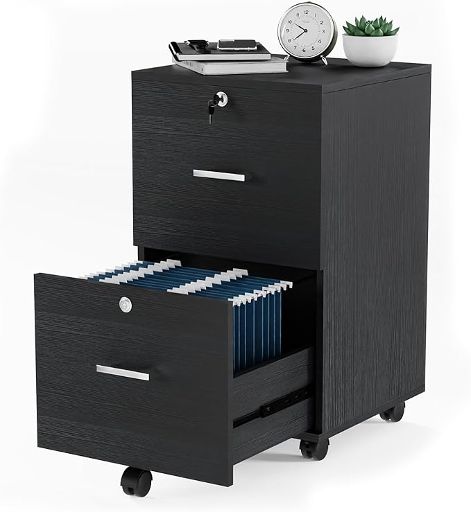 VINGLI 2-Drawer File Cabinet with Lock, Small Rolling Wood Filing Cabinet for Hanging Letter Size Filings with Tabs, Mobile Under Desk File Organizer for Home Office, Classic Black, 27.2" H