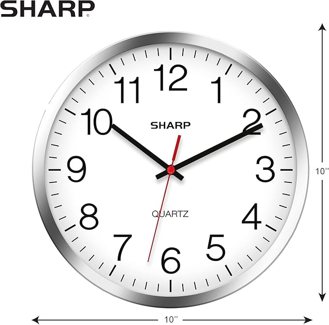 Sharp Wall Clock – Silver/Chrome, Silent Non Ticking 10 Inch Quality Quartz Battery Operated Round Easy to Read Home/Kitchen/Office/Classroom/School Clocks, Sweep Movement