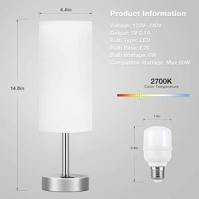 White Bedside Touch Table Lamps for Bedroom Nightstand with USB-C USB-A Charging Ports White, 3 Way Dimmable Control Small Lamp Silver Base for Office, Living Room, Reading