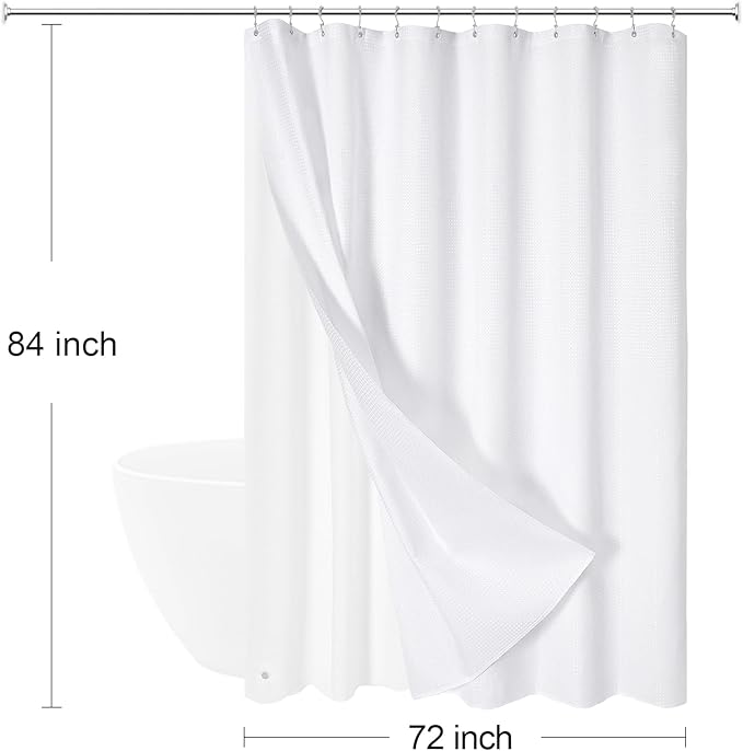 3 in 1 Extra Long Shower Curtain Set-72 W x 84 H, White Waffle and PEVA Liner Set with 12 Stainless Steel Hooks, Waterproof Fabric for Bathroom