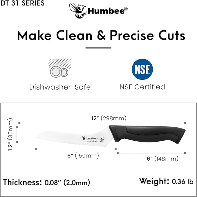 6-Inch Offset Serrated Bread Knife, Premium High Carbon Stainless Steel Blade Knife for Bread with Ergonomic Handle, NSF Certified, DT-31 Series, Black