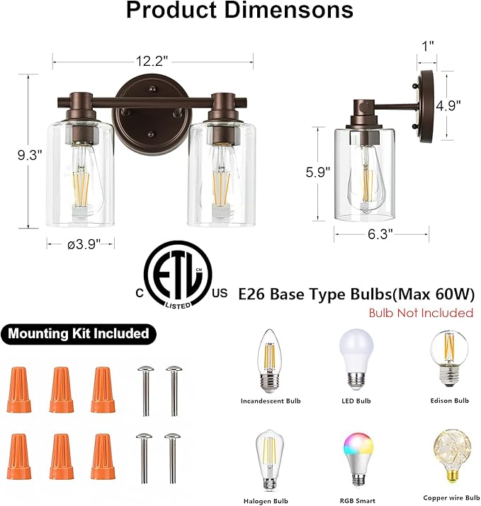 Bathroom Light Fixtures Wall Sconce Light with Clear Glass Oil Rubbed Bronze 2 Lights Bathroom Lighting Over Mirror Vanity Lights for Living Room,Bedroom,Restroom,Hallway E26 Base