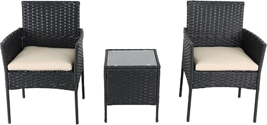 3 Pieces Patio Furniture Set, Outdoor Conversation Sets, Wicker Rattan Chairs for Garden Backyard Balcony Porch Poolside, Set with Glass Table and Soft Cushions (Black+Beige)