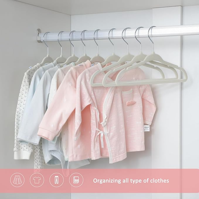 ManGotree 11" Baby Velvet Hangers, Non-Slip Infant Coat Hangers, Ultra-Thin Toddler Felt Hanger with 360° Swivel Hook, Space Saving Children's Hanger for Kids Clothes, 48 Pack (Beige)