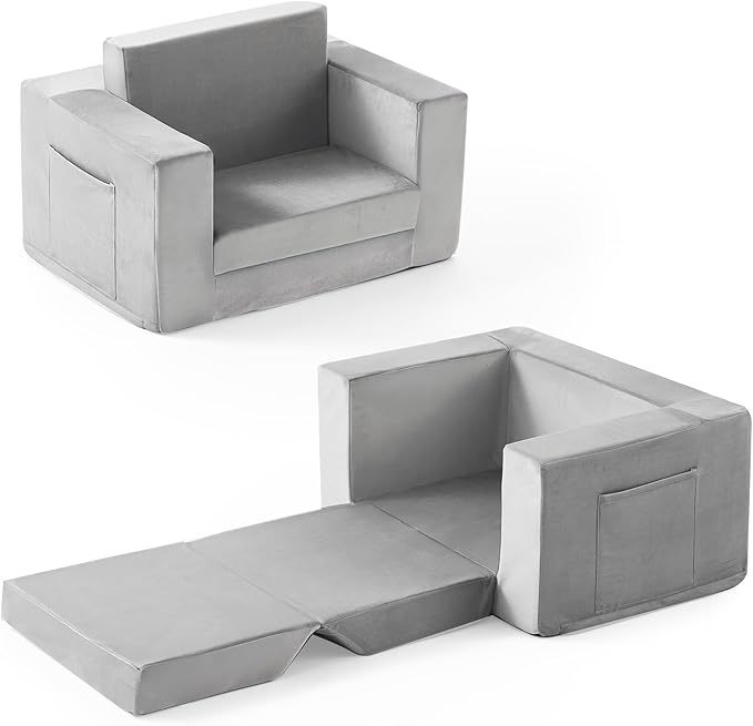 Kids Couch, 2-in-1 Toddler Chair Comfy 1-3 Years Old, Convertible Kids Chair, Toddler Couch That Fold Out, Kid Lounge Chairs for Boys and Girls, Soft Coral Fleece, Grey