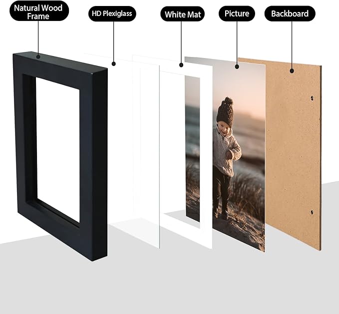 KINLINK 4x6 Frame Black, Solid Wood 4 x 6 Picture Frame with Acrylic Plexiglass for 3.5x5 with Mat, Tabletop and Wall Display Photo Frames 4x6 Black, 4 Pack