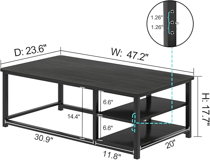 EXCEFUR Black Coffee Table, Rustic Wood Living Room Table with Storage Shelf, Modern Rectangle Center Table, 47 Inch