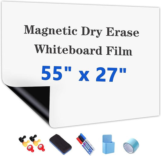 Magnetic Dry Erase Whiteboard Paper with Adhesive, 55" x 27" White Board Film for Wall, Easy to Write and Clean Dry Erase Board for Office, Classroom, Home, Include Marker, Magnetic Eraser and Magnets