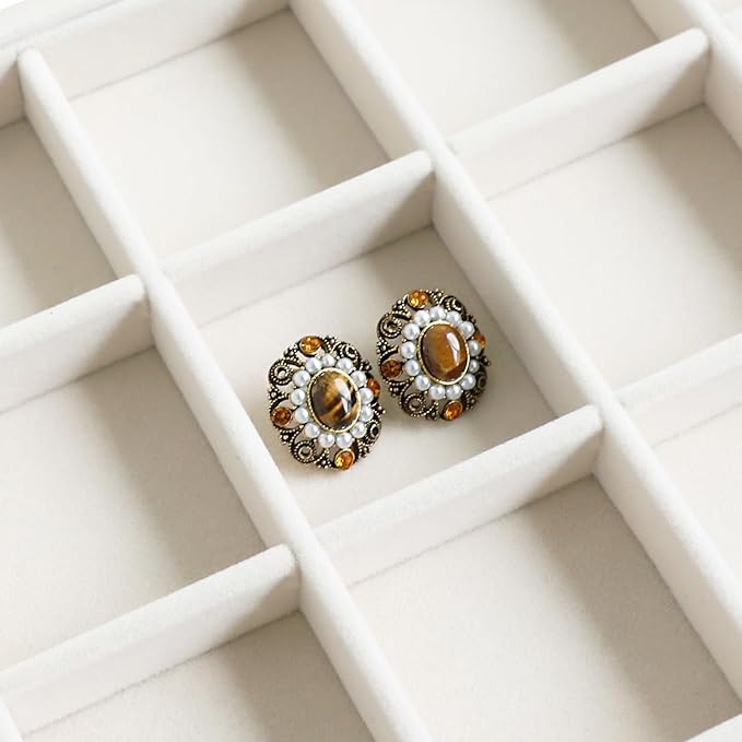 Wudygirl Jewelry Organizer Earring Holder Jewelry Tray with Lid Velvet Jewelry Box Jewelry Display Case Bracelet Earrings Ring Holder for Women Dresser (Beige 24 Grid Jewelry Tray)