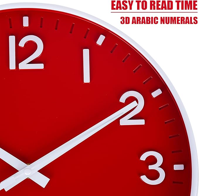 HZDHCLH Red Wall Clocks Battery Operated,12 inch Silent Non Ticking Modern Christmas Wall Clock for Living Room Bedroom Kitchen Office Classroom Decor