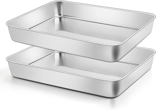 Leonyo Rectangular Cake Pan, 12⅓ x 9¾ x 2 Inch Stainless Steel Baking Trays, Nonstick & Oven Safe, Deep Lasagna Pan for Focaccia, Bread, Brownies, Casseroles