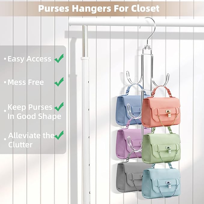 Purse Hanger Organizer for Closet, 2 Pack Handbag Storage Organizer, Hanging Purse Holder for Closet Organization and Space Saving, Accessories Organizer for Bags, Belts, Hats, Scarves, Ties