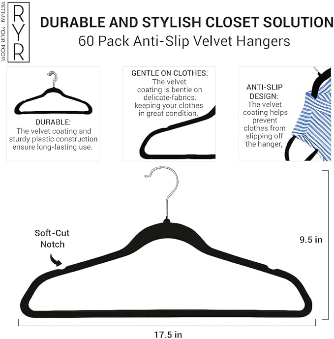 60 Pack Velvet Hangers - Non-Slip and Space-Saving Closet Organizers - Durable Soft-Touch, Black Hangers for Clothes, Coats, and Wardrobe Essentials Luxury, Ganchos De Ropa, Gift