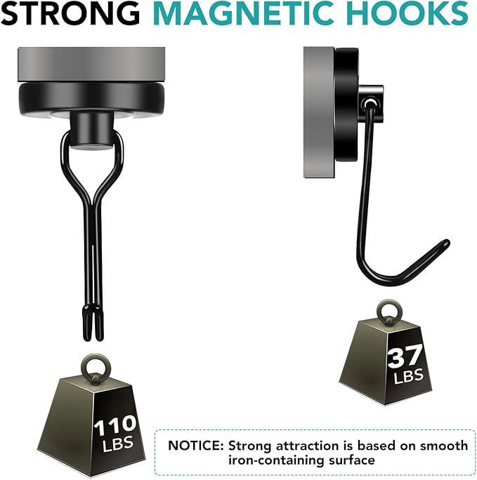 DIYMAG Black Magnetic Hooks, 110LBS Strong Magnetic Hooks Heavy Duty, Cruise Ship Essentials Magnet Hooks with Metal Hook for Hanging Refrigerator Home Kitchen Office, 8Pack