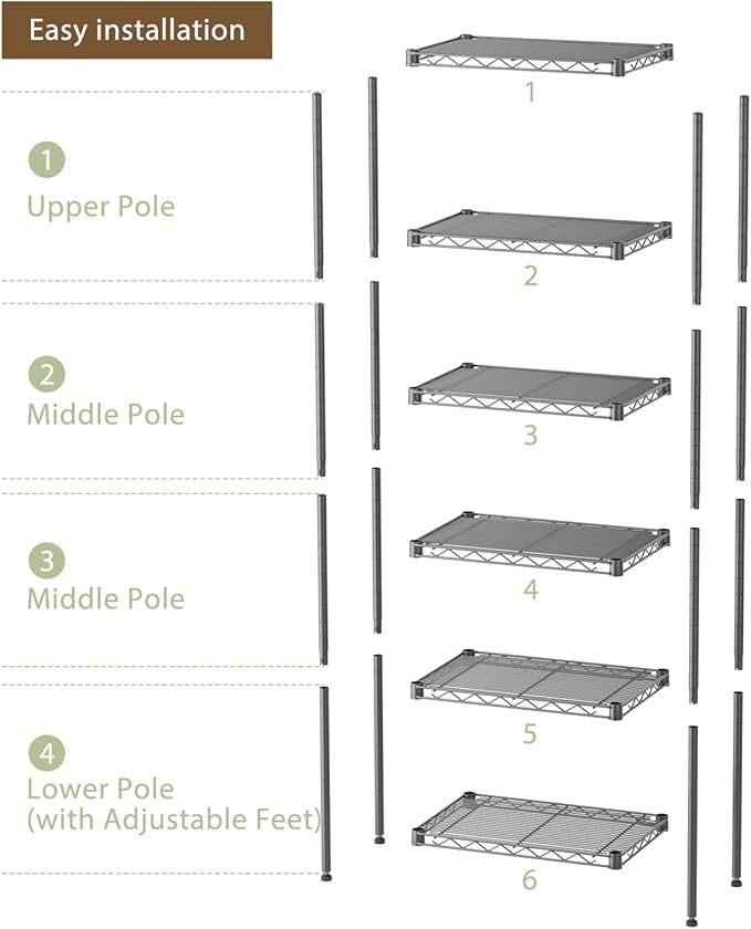 Small 6 Tier Shelves Storage Wire Shelving Unit Metal Shelf Adjustable Organizers Storage Shelving with Wheels for Bathroom Laundry Room Kitchen Pantry12”D x 18”W x 61.6”H Black