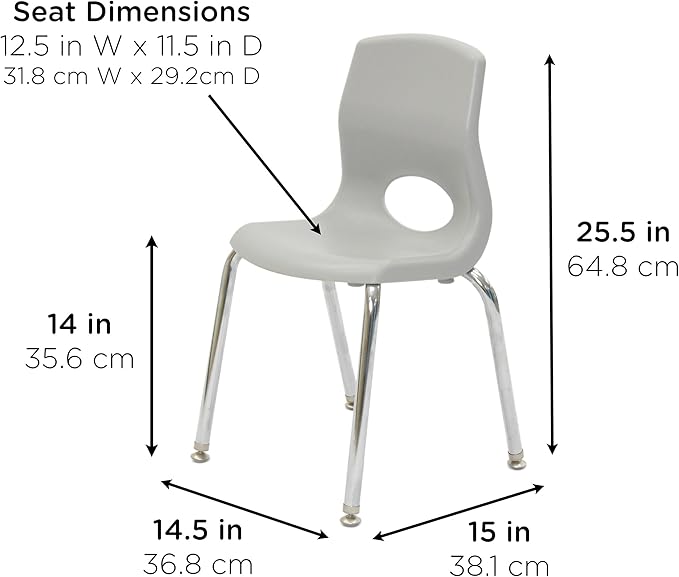 Children’s Factory MyPosture Plus 14" Chair, Gray with Chrome Legs, 2 Pack, Stackable Ergonomic Seating Solution for Classrooms and Homeschools
