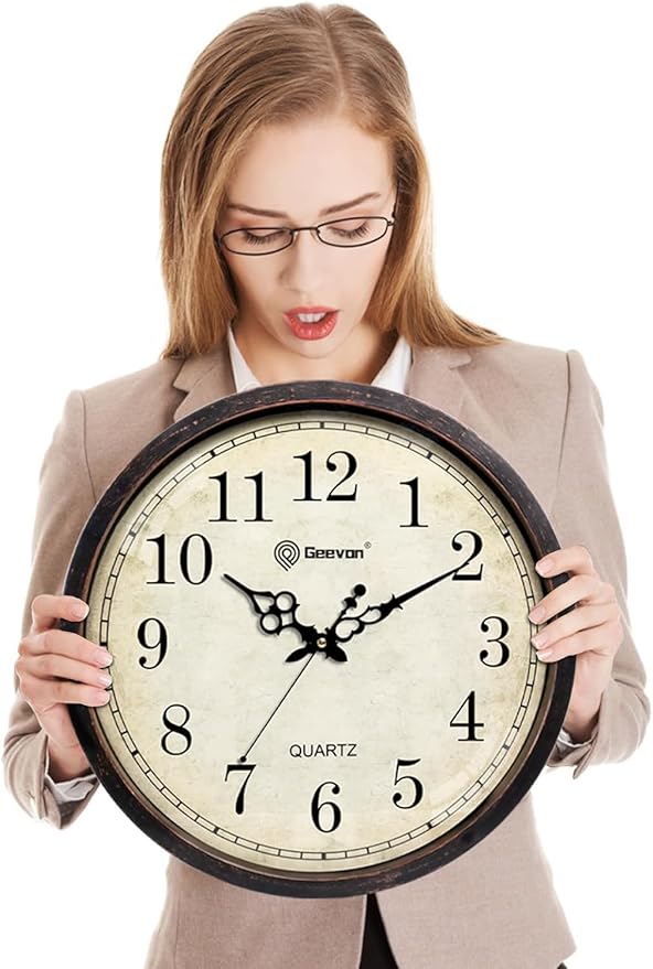 Geevon Vintage Wall Clock, Silent 16" Non Ticking Retro Round Clock Quartz Decorative Battery Operated Wall Clock for Kitchen,Office,Classroom,Bedroom,Living Room Decor
