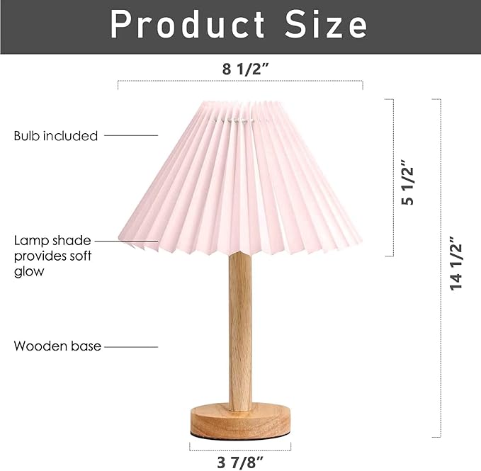 Zenply Korean Pleated Table Lamp, Cute Pink Small Table Lamp Nightstand Lamp, Mini Bedside Lamp for Bedroom Living Room Small Spaces, Small Table Lamp, with LED Bulb