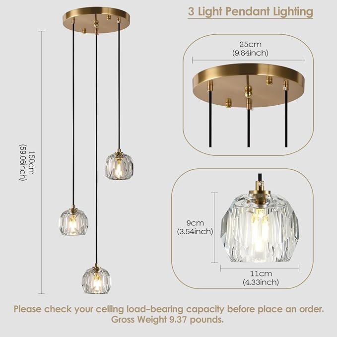 3 Light Pendant Light Fixtures, Crystal Pendant Lights Kitchen Island, Modern Hanging Lights Brushed Brass Cluster Pendant Lighting for Dining Room Bathroom
