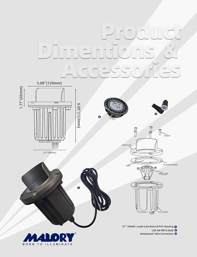 MALORY Brass Top Cover Landscape Well Lights,(6''H) 12V Low Voltage Outdoor In Ground Lights,Anti-Glare Landscape Lighting with 5W 450LM MR16 for Pathway, Driveway (Shield Top, 1-Pack with Bulb)