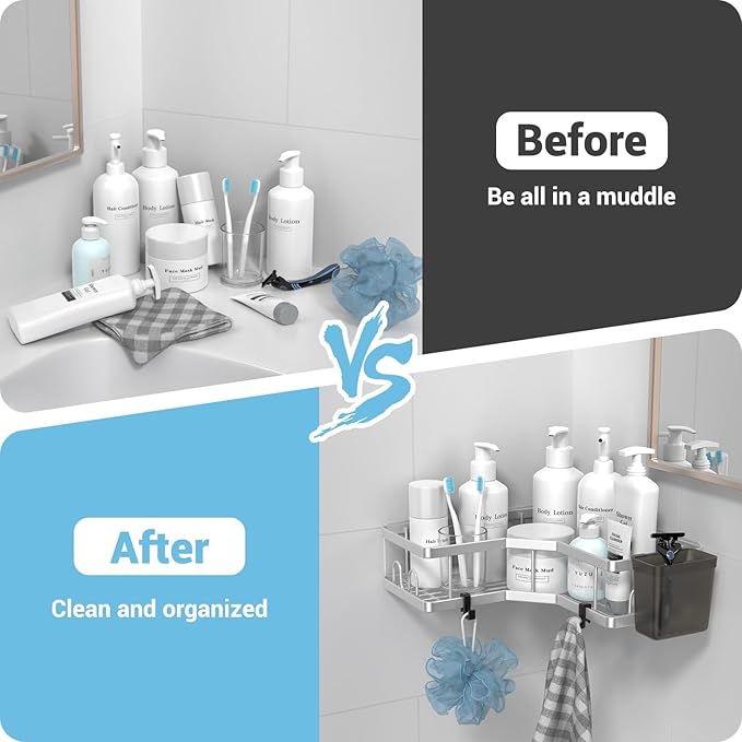 Corner Shower Caddy Shelf Rack: 2 Pack Adhesive Shower Organizer Essentials - No Drilling Stainless Steel Shower Storage Rack with Hooks and Toothpaste Holder - Bathroom Accessories