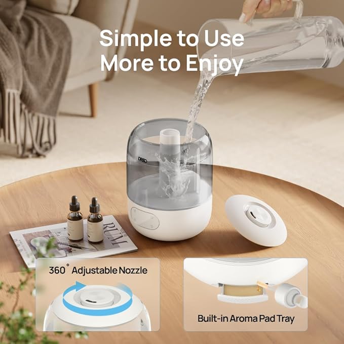 Dreo Humidifiers for Bedroom, Cool Mist Ultrasonic Humidifiers with 30Hr Runtime, Top Fill 3L Tank, Easy Clean, Humidity Sensor, Night Light for Baby, Nursery, 360° Nozzle for Plants and Home, Grey