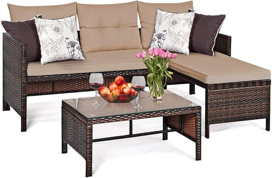Tangkula Patio Corner Sofa Set 3 Piece, Outdoor Rattan Sofa Set, Includes Lounge Chaise, Loveseat & Coffee Table, Patio Garden Poolside Lawn Backyard Furniture