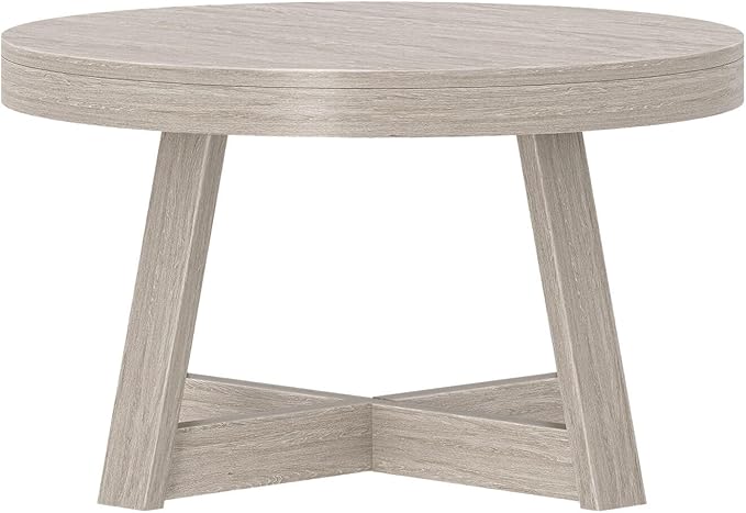 Plank+Beam Classic Round Coffee Table, 30 Inch Farmhouse Coffee Table, Rustic Mini Center Tables for Small Spaces, Small Living Space Tea Table, Seashell Wirebrush