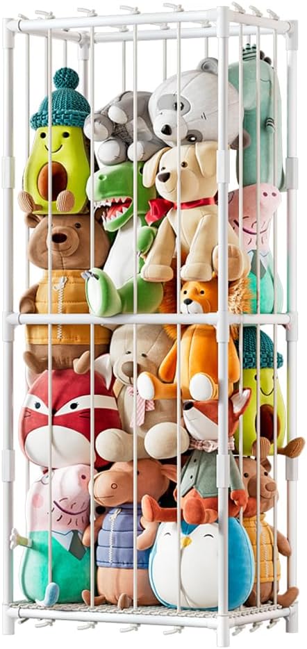 Stuffed Animal Storage Zoo Toy Organizer Corner Chest Plush PVC Material Extra Large Holder Metal Standing Space Save Vertical With Elastic For Nursery Kids Room,White（Medium） (White, Medium)