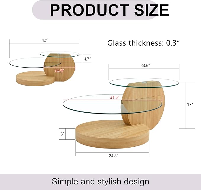 Coffee Tables for Living Room - Round Glass Coffee Table with Wooden Base Mid-Century Modern End Table 3-Tier Round Coffee Table for Living Room, Office, Balcony (42″ Oak)