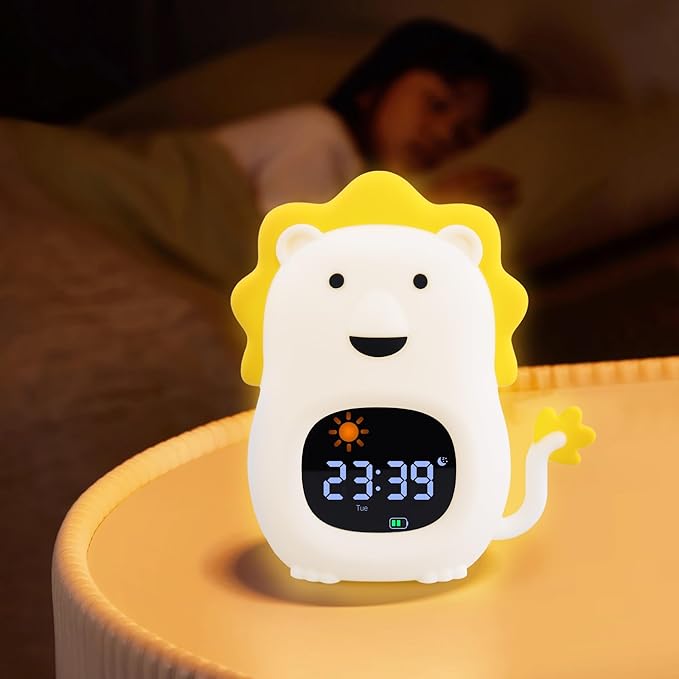 Kids Alarm Clock,Soft White Noise Sleep Trainer,Bedroom Kid Night Light Clock, Kid Wake-up Clock with Snooze Function,Bedtime Companion for Independent Sleep (Lion)