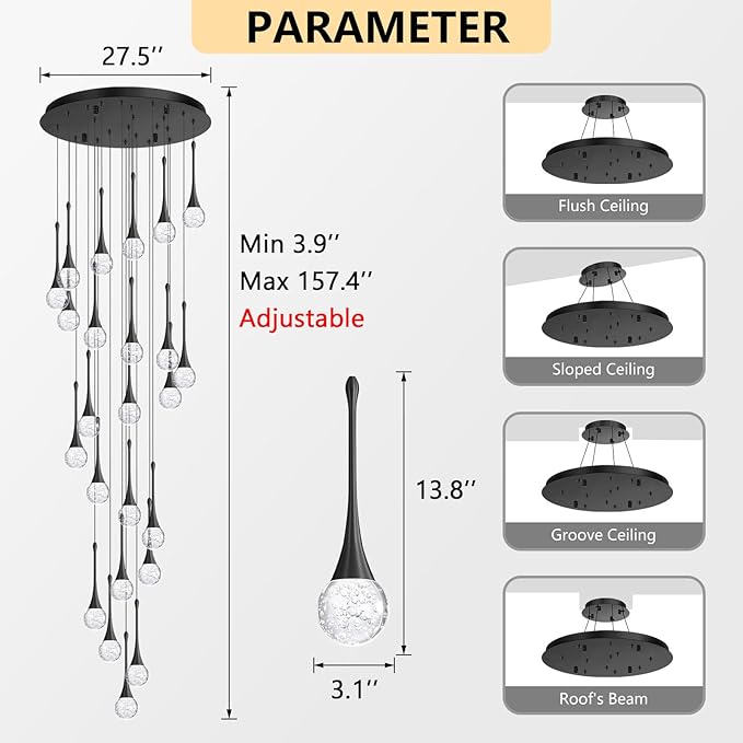 24 Light Modern Glam Crystal Chandelier for High Ceiling LED Dimmable Ceiling Pendant Light Staircase Foyer Enterway Living Room Chandelier Lighting Antique Black